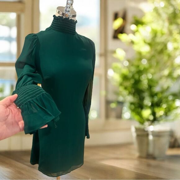 Reformation Archie Shirred Georgette Mini Dress Green Women’s 4 Long-Sleeve High - Picture 6 of 14